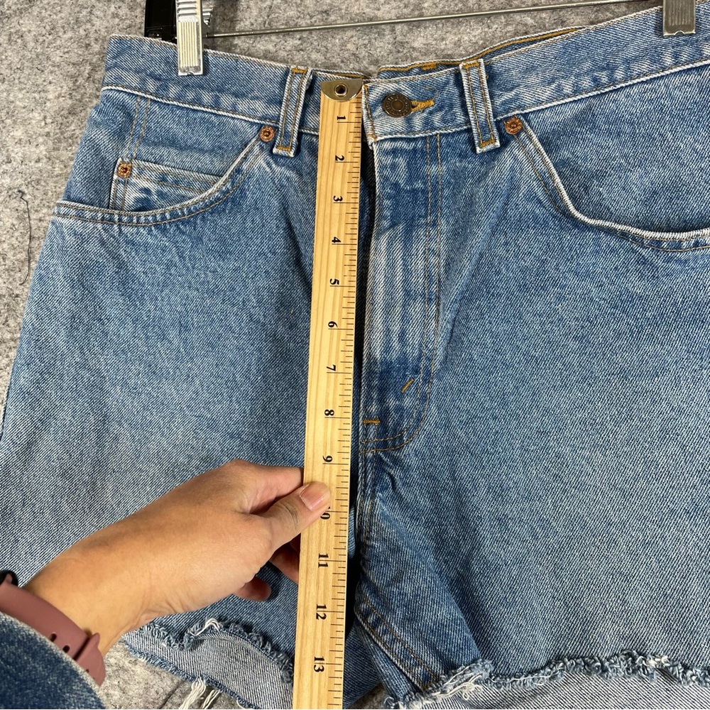 Vintage Levis Cut Off Orange Tab Denim Shorts Blue 33 High Rise Raw Hem Casual - Picture 6 of 16